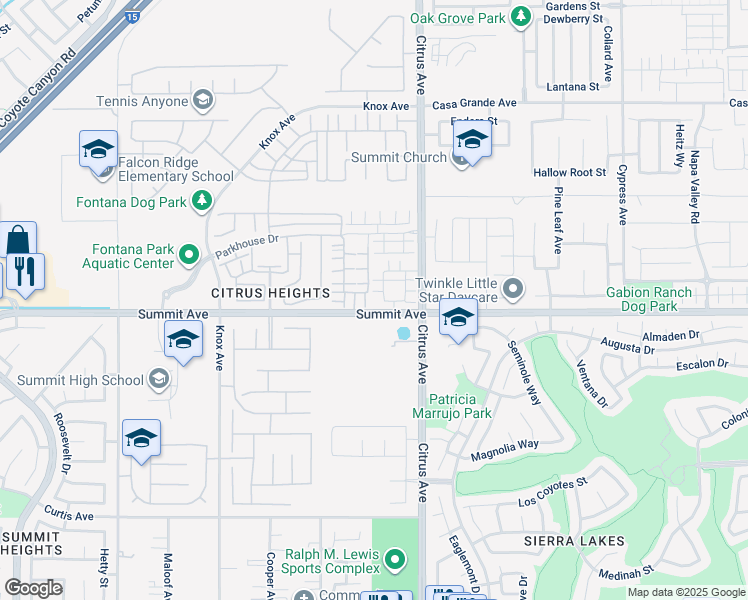 map of restaurants, bars, coffee shops, grocery stores, and more near 16052 Montenegro Lane in Fontana