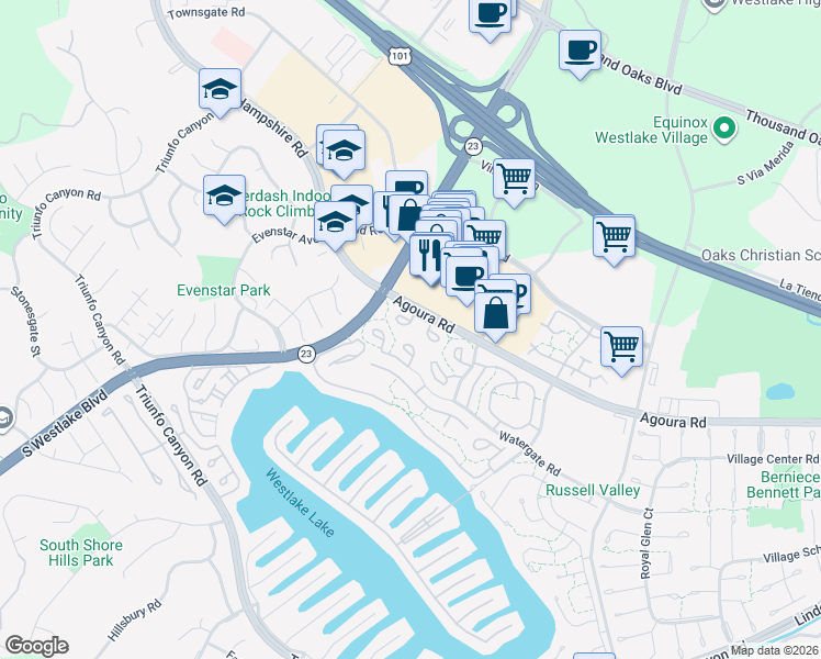 map of restaurants, bars, coffee shops, grocery stores, and more near 2676 Hartland Circle in Westlake Village