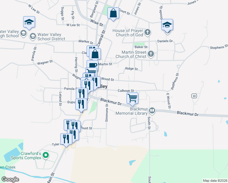 map of restaurants, bars, coffee shops, grocery stores, and more near 210 Judson Drive in Water Valley