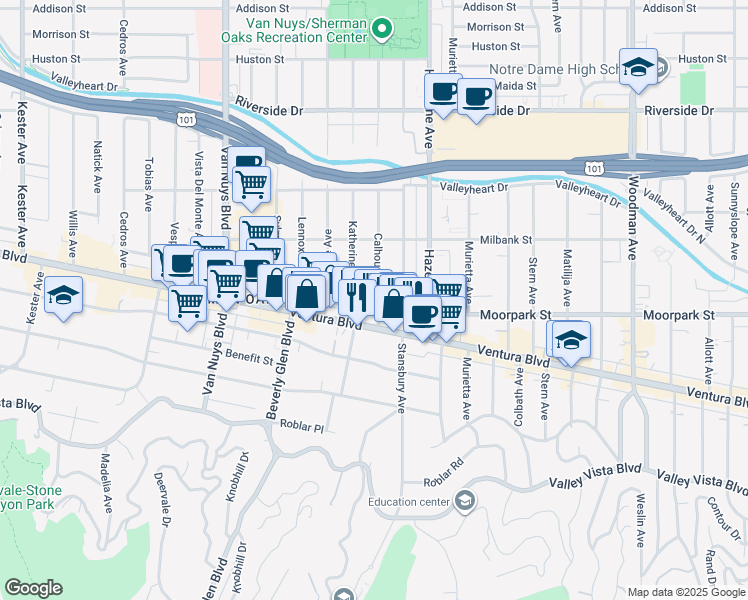 map of restaurants, bars, coffee shops, grocery stores, and more near 2 Moorpark Street in Los Angeles