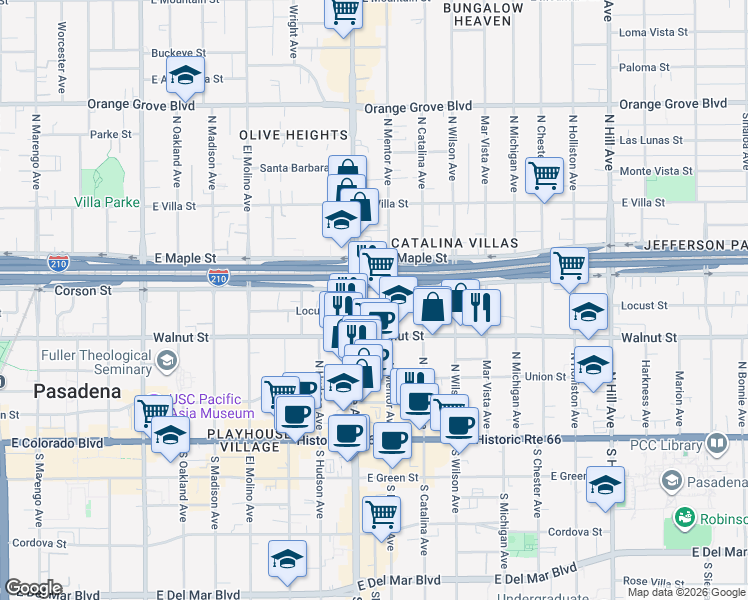 map of restaurants, bars, coffee shops, grocery stores, and more near 300 North Lake Avenue in Pasadena