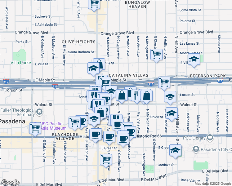map of restaurants, bars, coffee shops, grocery stores, and more near 999 Locust Street in Pasadena