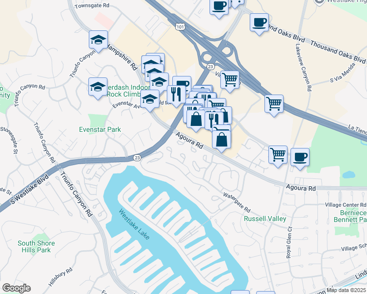 map of restaurants, bars, coffee shops, grocery stores, and more near 2676 Hartland Circle in Westlake Village