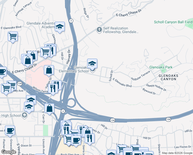 map of restaurants, bars, coffee shops, grocery stores, and more near 2046 East Glenoaks Boulevard in Glendale