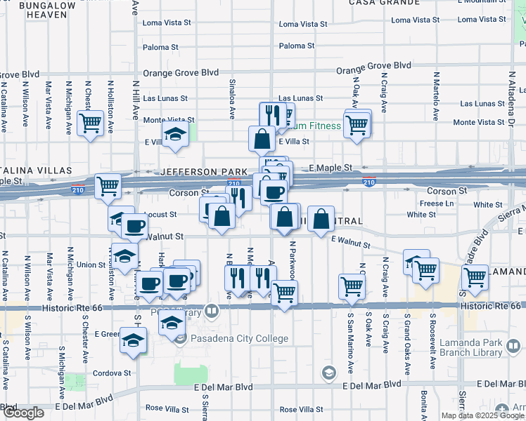 map of restaurants, bars, coffee shops, grocery stores, and more near 260 Allen Avenue in Pasadena