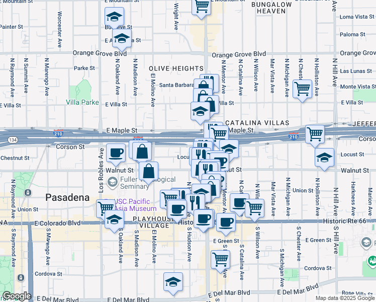 map of restaurants, bars, coffee shops, grocery stores, and more near in Pasadena