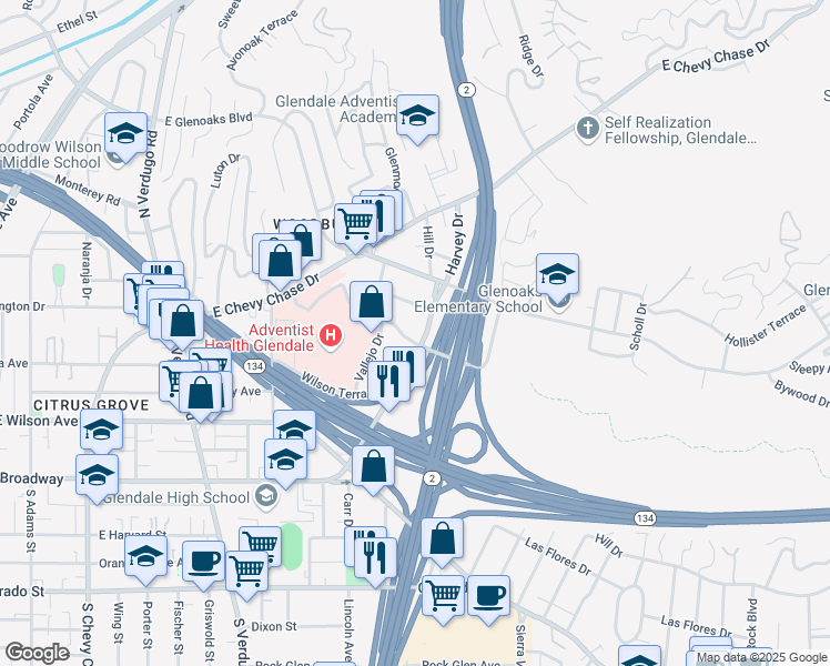 map of restaurants, bars, coffee shops, grocery stores, and more near in Glendale