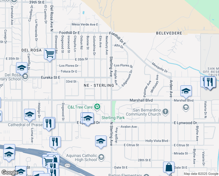 map of restaurants, bars, coffee shops, grocery stores, and more near 5688 Newbury Avenue in San Bernardino