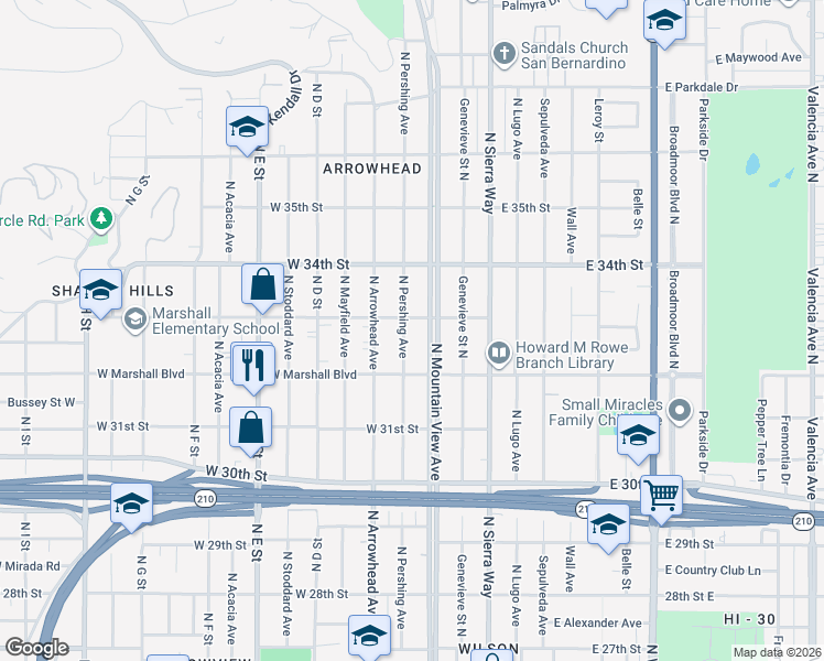 map of restaurants, bars, coffee shops, grocery stores, and more near 3255 North Pershing Avenue in San Bernardino