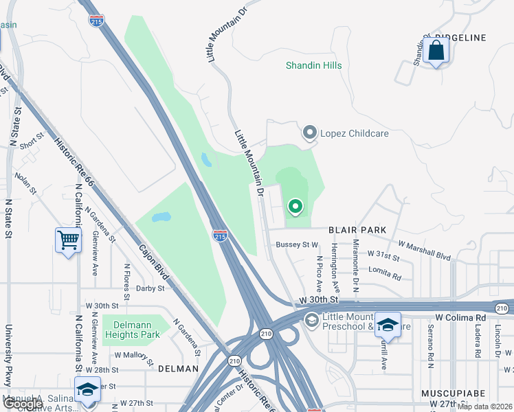 map of restaurants, bars, coffee shops, grocery stores, and more near 3238 Edgemont Court in San Bernardino