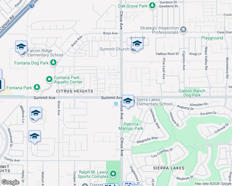 map of restaurants, bars, coffee shops, grocery stores, and more near 15820-16098 Summit Ave in Fontana