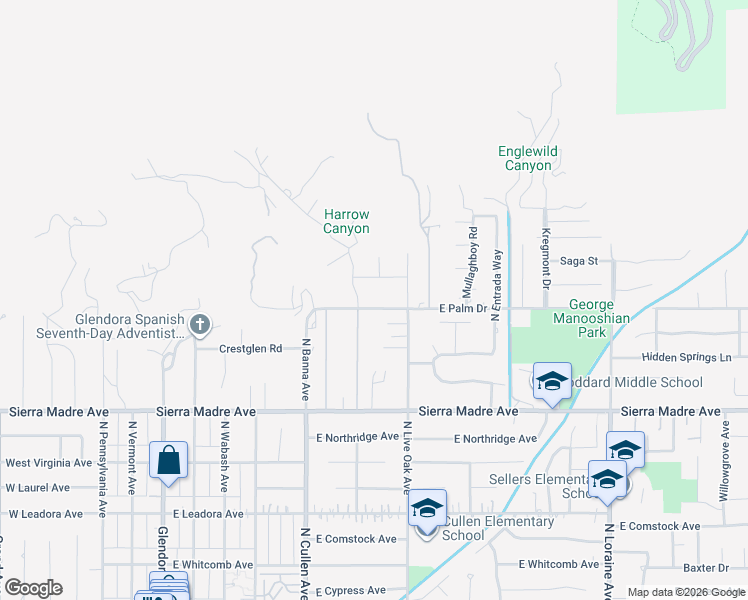 map of restaurants, bars, coffee shops, grocery stores, and more near 623 Orangecrest Avenue in Glendora