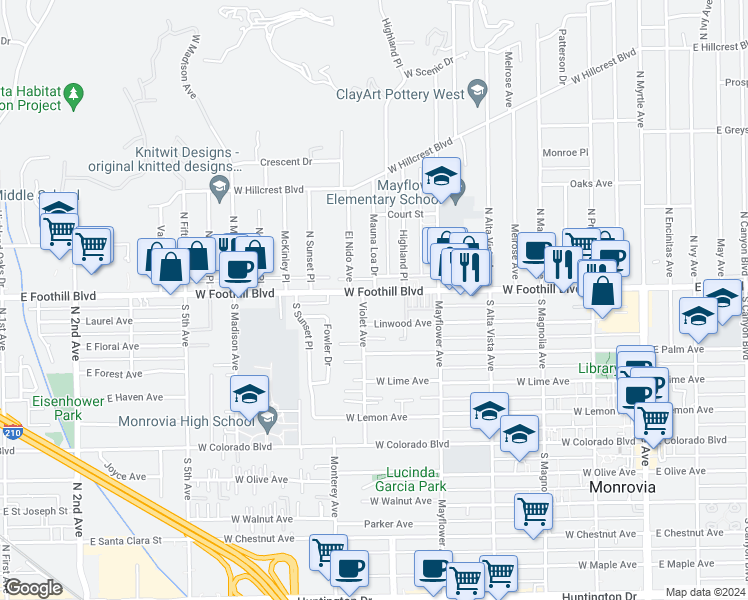 map of restaurants, bars, coffee shops, grocery stores, and more near 120 Violet Avenue in Monrovia