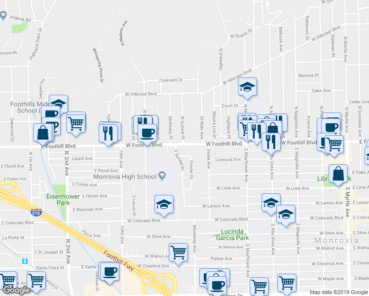 map of restaurants, bars, coffee shops, grocery stores, and more near 128 Fowler Drive in Monrovia