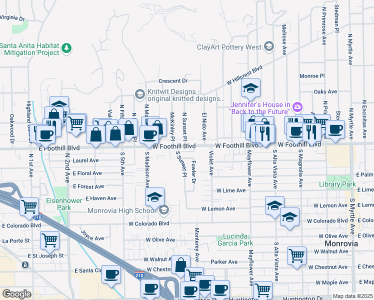 map of restaurants, bars, coffee shops, grocery stores, and more near 758 West Foothill Boulevard in Monrovia
