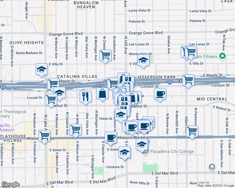 map of restaurants, bars, coffee shops, grocery stores, and more near 1366 Locust Street in Pasadena