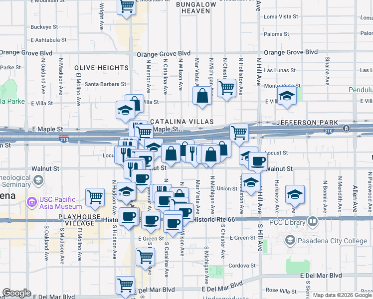 map of restaurants, bars, coffee shops, grocery stores, and more near 258 North Wilson Avenue in Pasadena