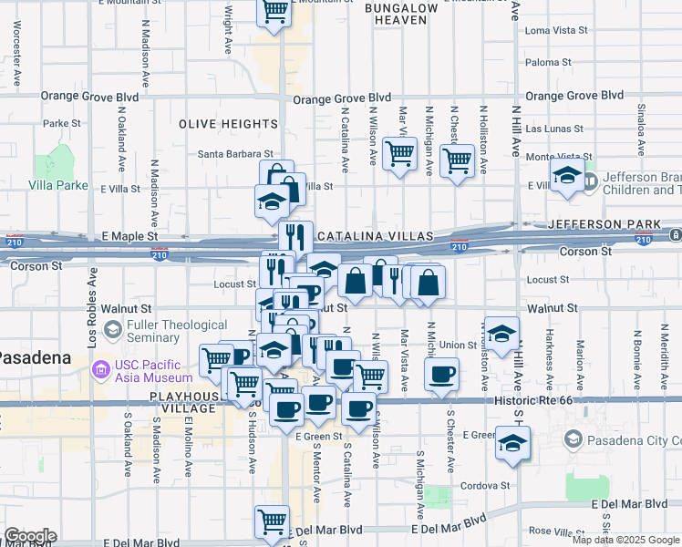 map of restaurants, bars, coffee shops, grocery stores, and more near in Pasadena