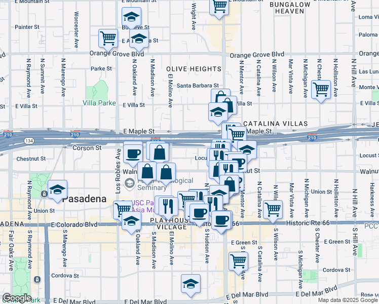 map of restaurants, bars, coffee shops, grocery stores, and more near 713 Locust Street in Pasadena