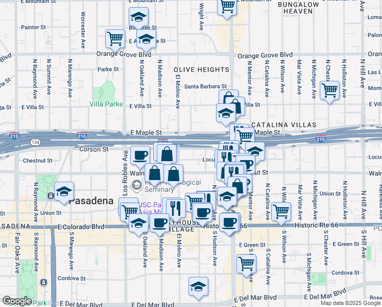 map of restaurants, bars, coffee shops, grocery stores, and more near 713 Locust Street in Pasadena