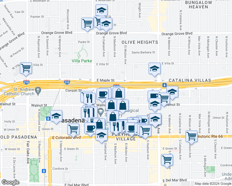 map of restaurants, bars, coffee shops, grocery stores, and more near 274 North Madison Avenue in Pasadena
