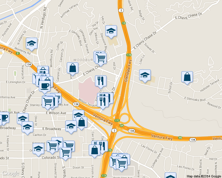 map of restaurants, bars, coffee shops, grocery stores, and more near 329 Harvey Drive in Glendale