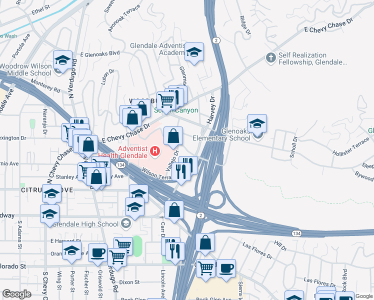 map of restaurants, bars, coffee shops, grocery stores, and more near 329 Harvey Drive in Glendale