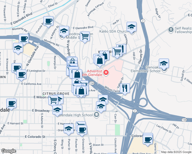 map of restaurants, bars, coffee shops, grocery stores, and more near 1477 East California Avenue in Glendale