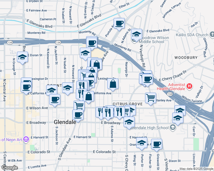 map of restaurants, bars, coffee shops, grocery stores, and more near 315 North Adams Street in Glendale