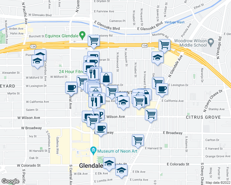 map of restaurants, bars, coffee shops, grocery stores, and more near 320 North Kenwood Street in Glendale