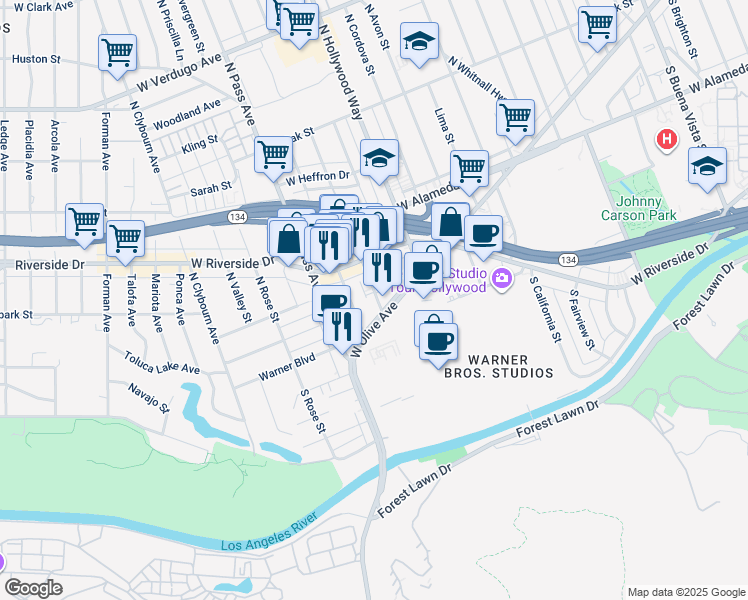 map of restaurants, bars, coffee shops, grocery stores, and more near 3827 West Olive Avenue in Burbank