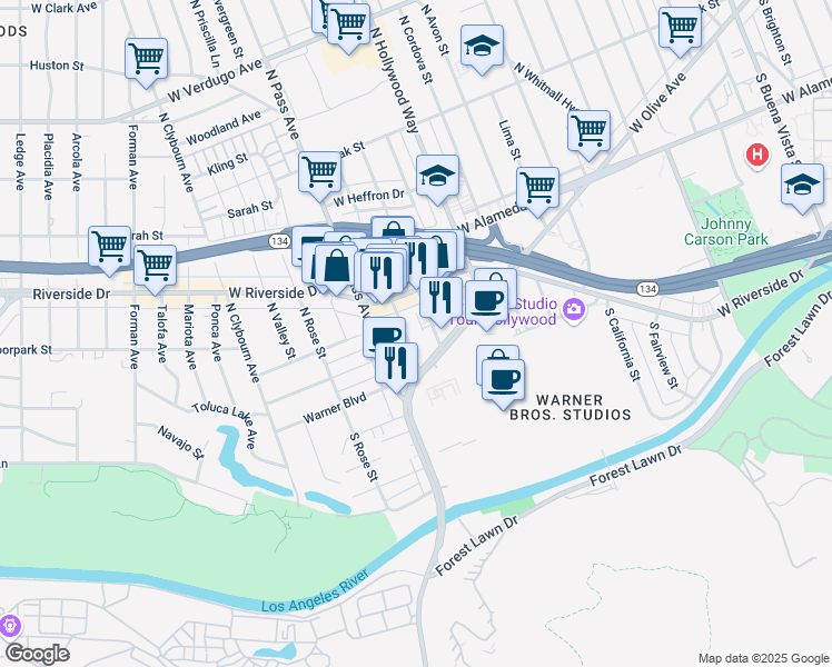 map of restaurants, bars, coffee shops, grocery stores, and more near 125 North Maple Street in Burbank
