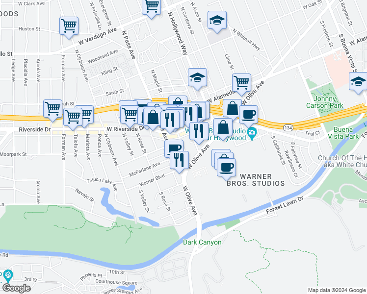 map of restaurants, bars, coffee shops, grocery stores, and more near 125 North Maple Street in Burbank