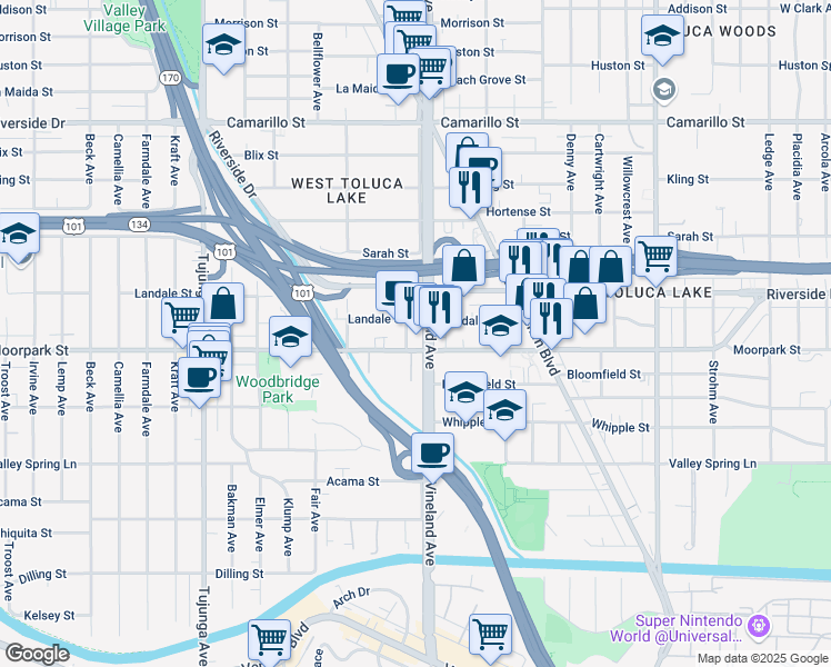 map of restaurants, bars, coffee shops, grocery stores, and more near 4404 Ensign Avenue in Los Angeles