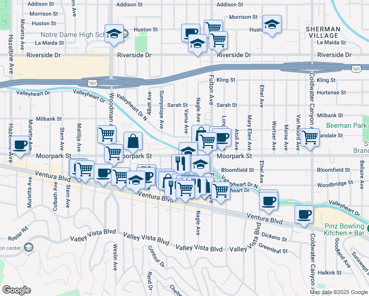 map of restaurants, bars, coffee shops, grocery stores, and more near 13411 Moorpark Street in Los Angeles