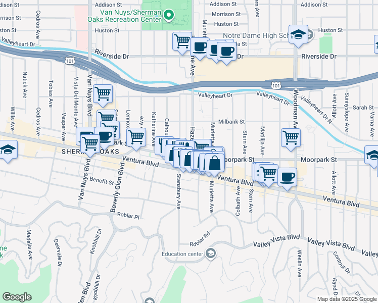 map of restaurants, bars, coffee shops, grocery stores, and more near 14049 Ventura Boulevard in Los Angeles
