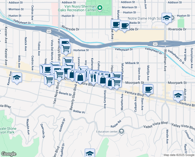 map of restaurants, bars, coffee shops, grocery stores, and more near 14220 Moorpark Street in Los Angeles