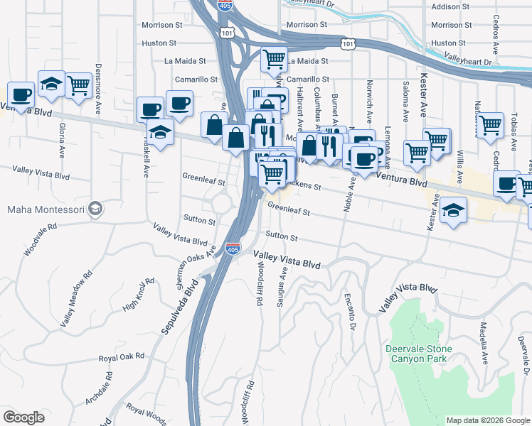 map of restaurants, bars, coffee shops, grocery stores, and more near 4414 Sepulveda Boulevard in Los Angeles