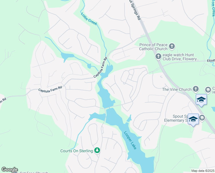 map of restaurants, bars, coffee shops, grocery stores, and more near 7139 Lake Edge Drive in Flowery Branch