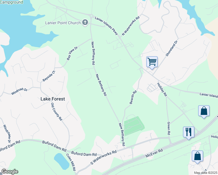 map of restaurants, bars, coffee shops, grocery stores, and more near 6191 New Bethany Road in Buford
