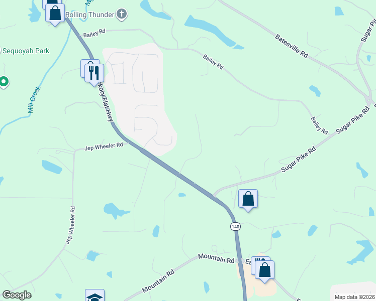 map of restaurants, bars, coffee shops, grocery stores, and more near 8485 Hickory Flat Highway in Woodstock