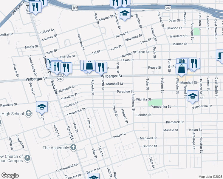 map of restaurants, bars, coffee shops, grocery stores, and more near 3401 Paradise Street in Vernon