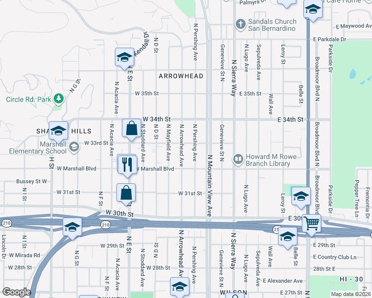 map of restaurants, bars, coffee shops, grocery stores, and more near 3279 North Arrowhead Avenue in San Bernardino