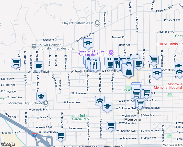 map of restaurants, bars, coffee shops, grocery stores, and more near 122 Mayflower Avenue in Monrovia