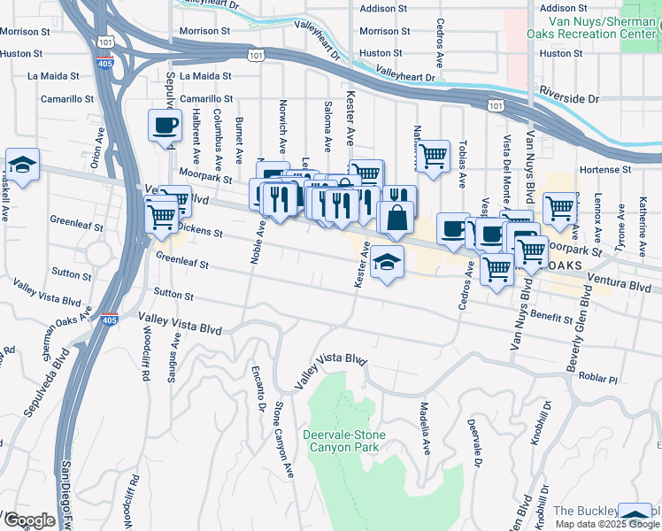 map of restaurants, bars, coffee shops, grocery stores, and more near 14906 Dickens Street in Los Angeles