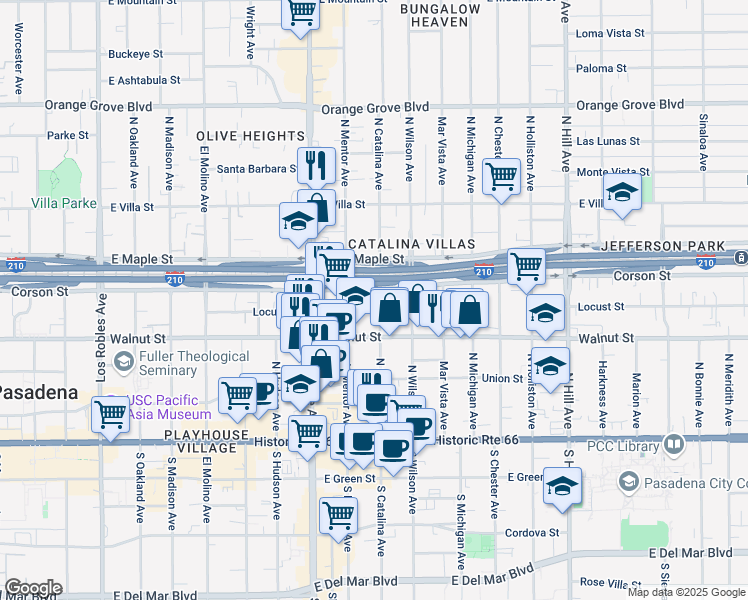 map of restaurants, bars, coffee shops, grocery stores, and more near in Pasadena