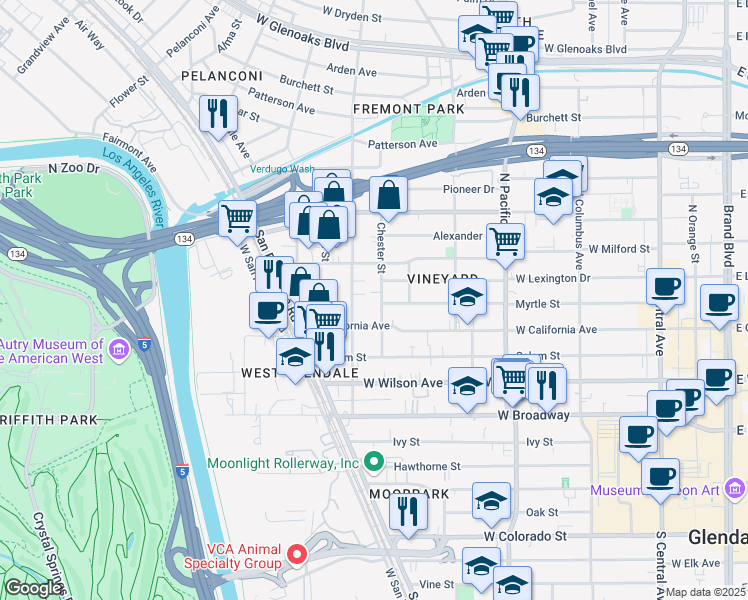 map of restaurants, bars, coffee shops, grocery stores, and more near 327 Chester Street in Glendale