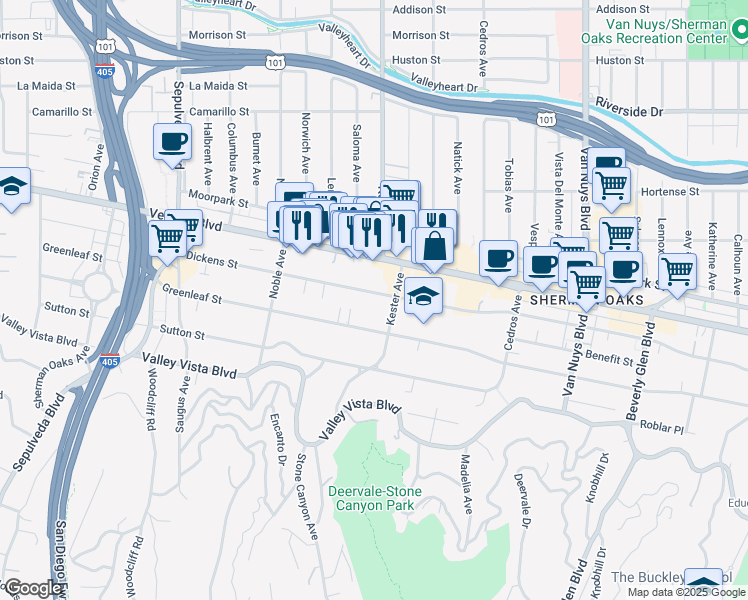 map of restaurants, bars, coffee shops, grocery stores, and more near 14906 Dickens Street in Los Angeles