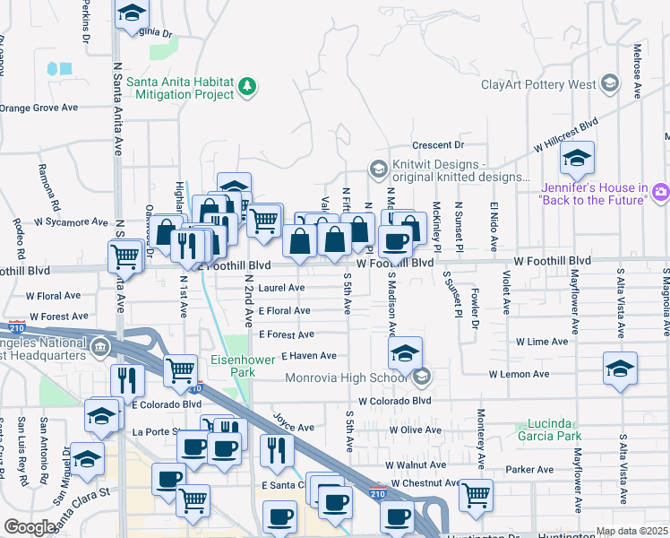 map of restaurants, bars, coffee shops, grocery stores, and more near 335 Laurel Avenue in Arcadia