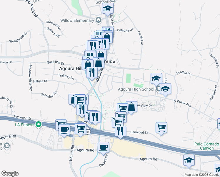 map of restaurants, bars, coffee shops, grocery stores, and more near 5525 Medea Valley Drive in Agoura Hills